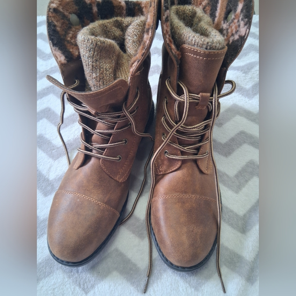 Cliffs by WHITE MOUNTAIN Tan Lace-Up Faux Leather Boots with Knit Cuff